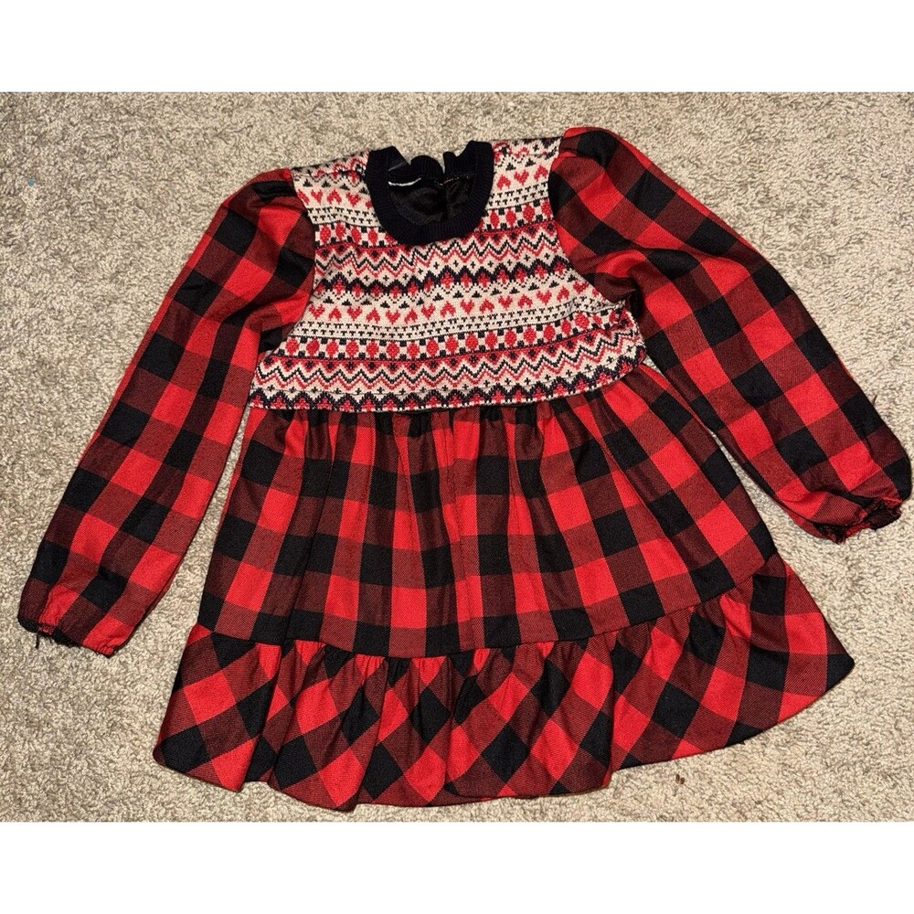 Infant Red Black White Plaid Fit & Flare Long Sleeve Knee Length Zip Dress 12 mt